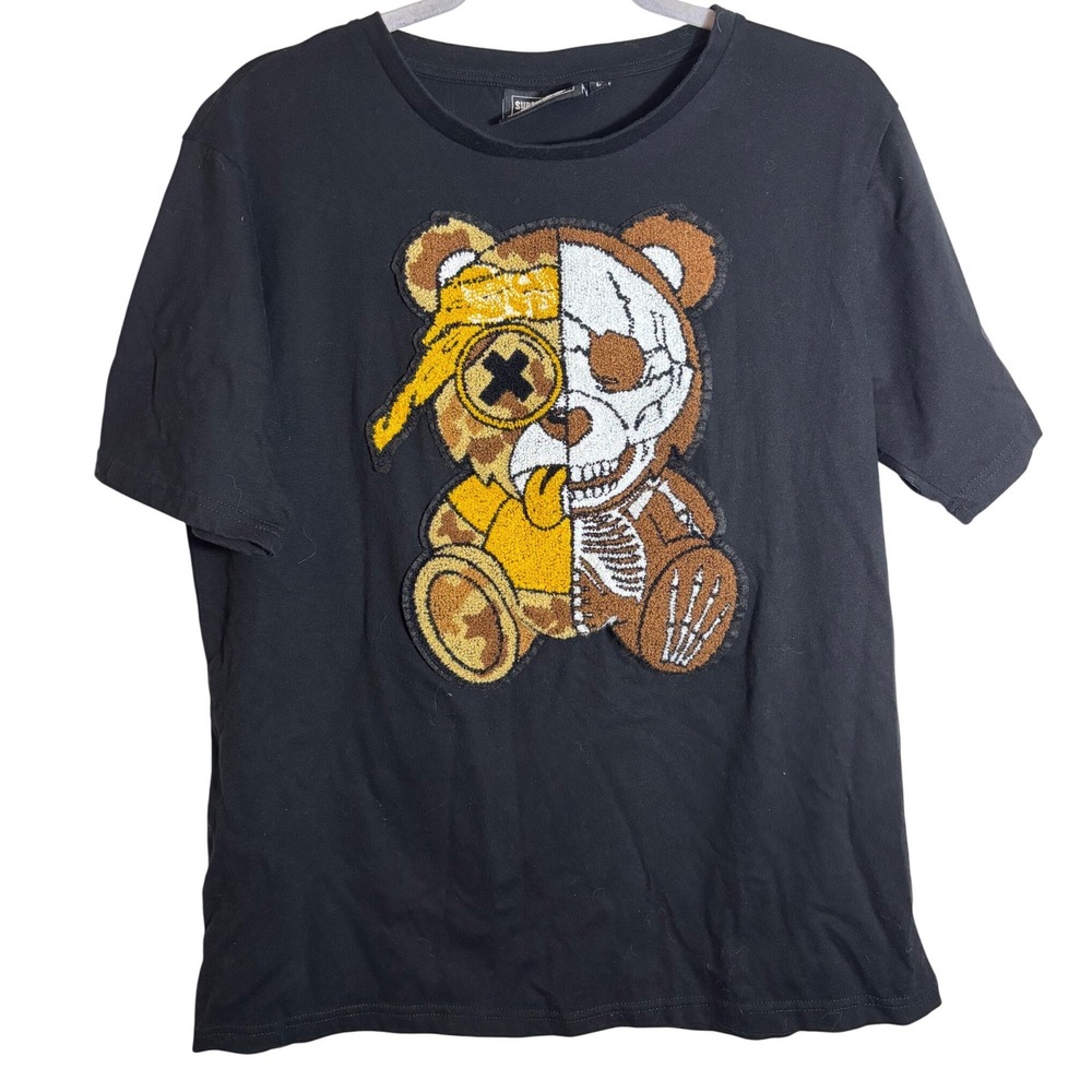 Super Massive Men's Black‎ Graphic T-Shirt Skelton Bear Embroidery Patch Size L